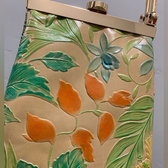 Handmade Genuine Leather Floral Embossed Top Handle Purse & 2 Chain Styles - Picture 11 of 15